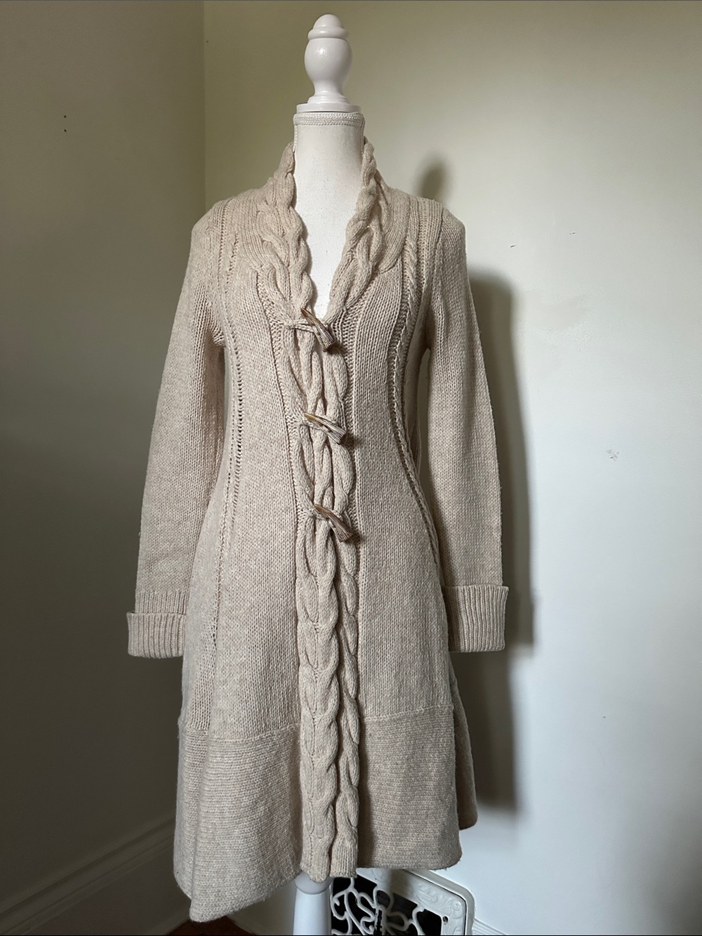 ANGEL OF THE NORTH Anthro Cream Lambswool Cable Knit Boho Fairy Cardigan Small